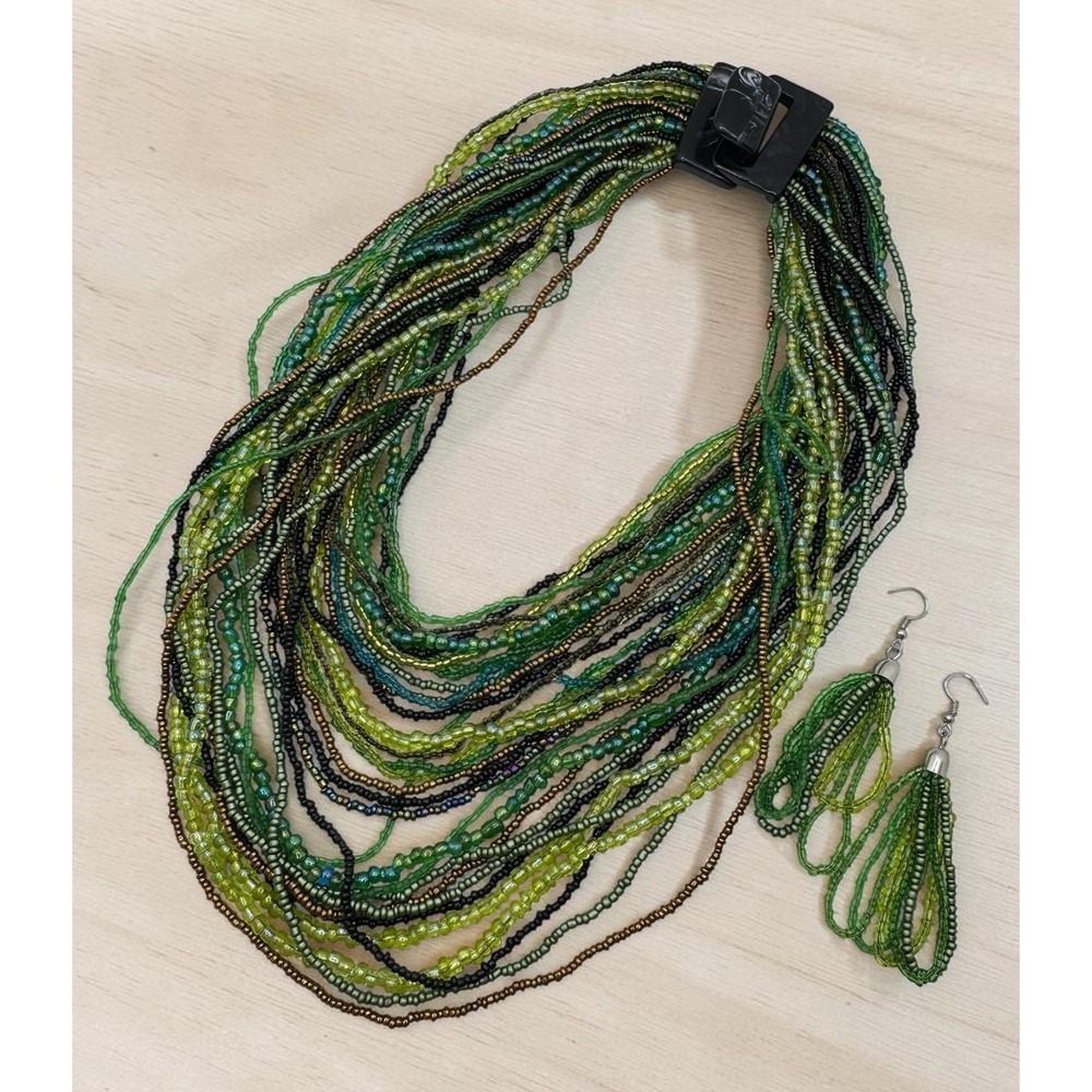 Green Multi Strand Seed Bead Necklace Earring Set Black Buckle Clasp Boho Boho